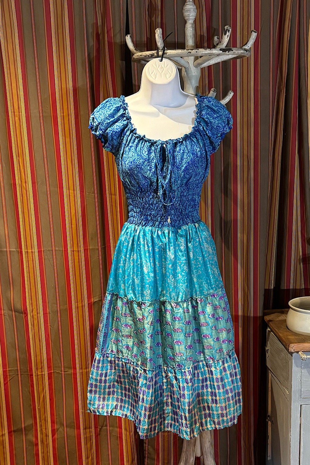 Boho Silk Dress, Vintage Ruffle Short Dress, Hippie Bohemian Dress, Gypsy Boho Dress Festival Dress, Recycled Ethnic Patch work Sari Dress