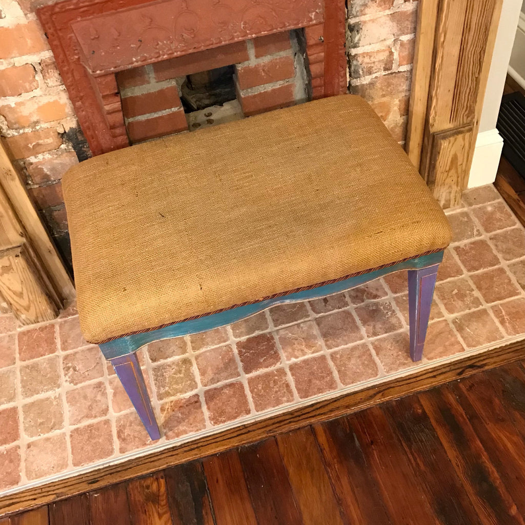 Vintage Vanity Rustic Bench, Hand painted Antique Bench, old Mid Century Farm house chalk painted bench, Burlap Upholstered vintage stool