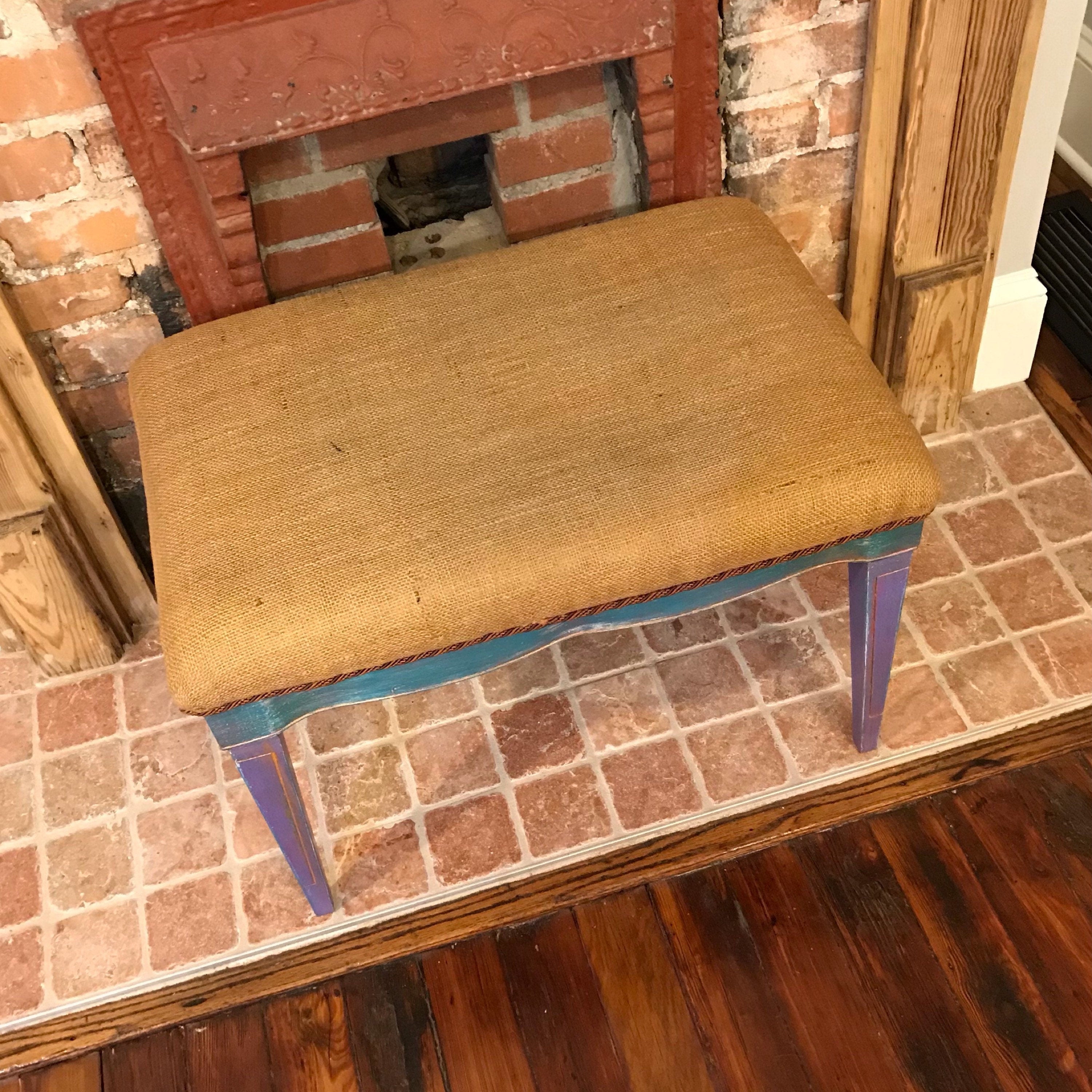 Vintage Vanity Rustic Bench, Hand painted Antique Bench, old Mid Century Farm house chalk painted bench, Burlap Upholstered vintage stool