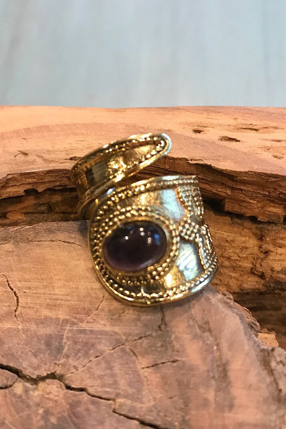 Purple Amethyst Gemstone Ring, Brass Ring, Adjustable Boho Ring, Tribal Jewelry, Gypsy Rings, Crystal Stone Ring, Statement Spiritual Ring
