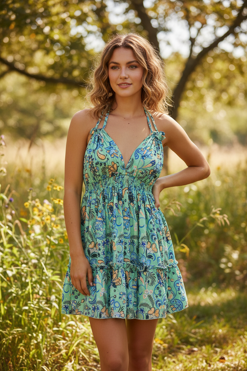 Boho Short Ruffle Dress, Hippie Dress, Open back Dress, Bohemian Festival Ethnic Dress, Boho Dress, Beach Halter Ruffle Boho Gypsy Dress