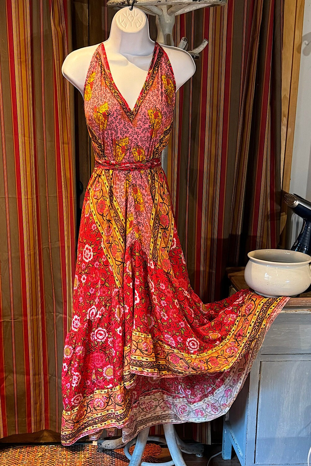 Boho Ruffle Long Dress, Hippie Dress, Open back Dress, Bohemian Festival Ethnic Dress, Boho Chic Dress, Beach Halter Ruffle Gypsy Dress