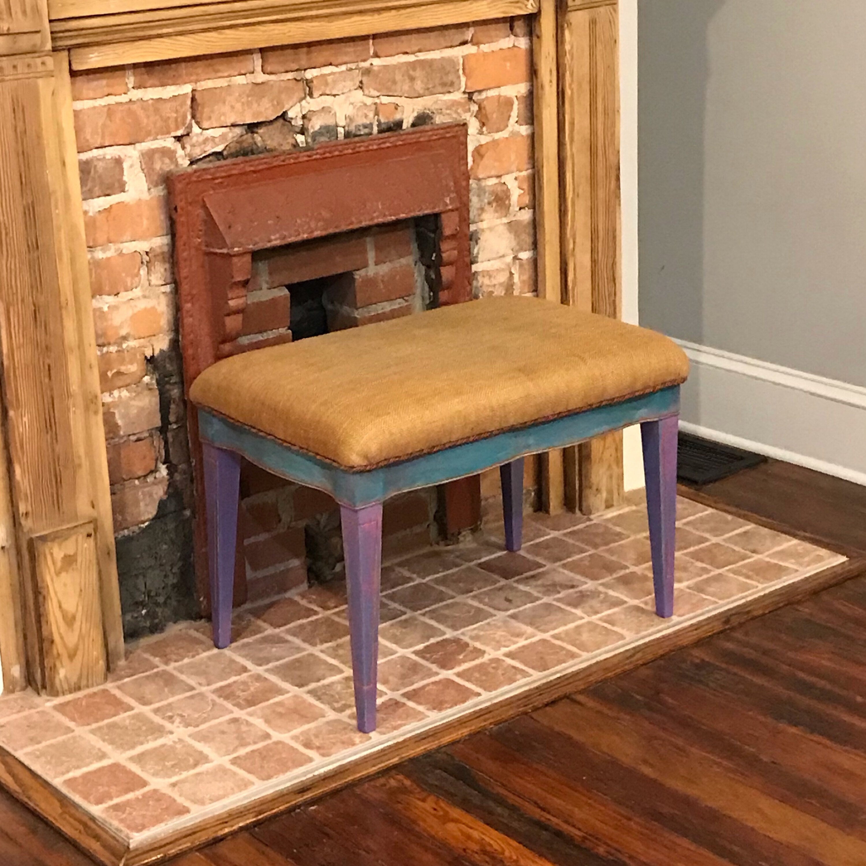 Vintage Vanity Rustic Bench, Hand painted Antique Bench, old Mid Century Farm house chalk painted bench, Burlap Upholstered vintage stool