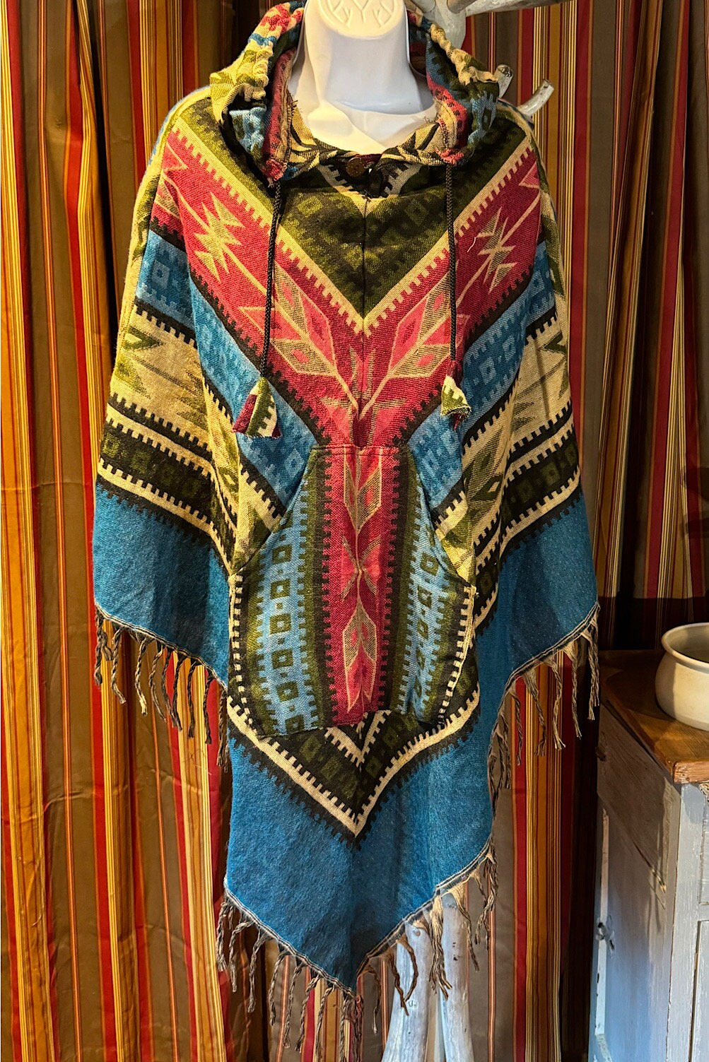 Festival Hooded Poncho: Unisex Boho Woven Wool Blend