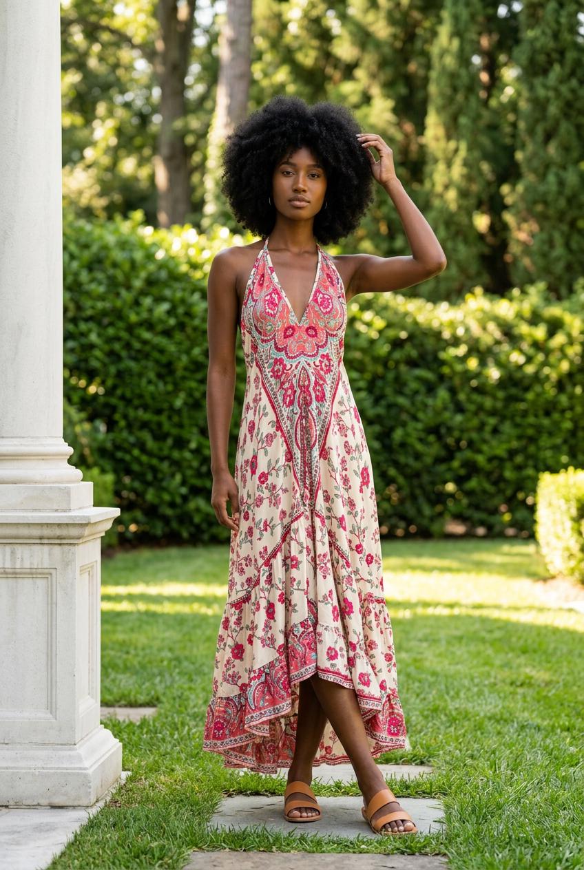 Boho Ruffle Long Dress, Hippie Dress, Open back Dress, Bohemian Festival Ethnic Dress, Boho Chic Dress, Beach Halter Ruffle Gypsy Dress