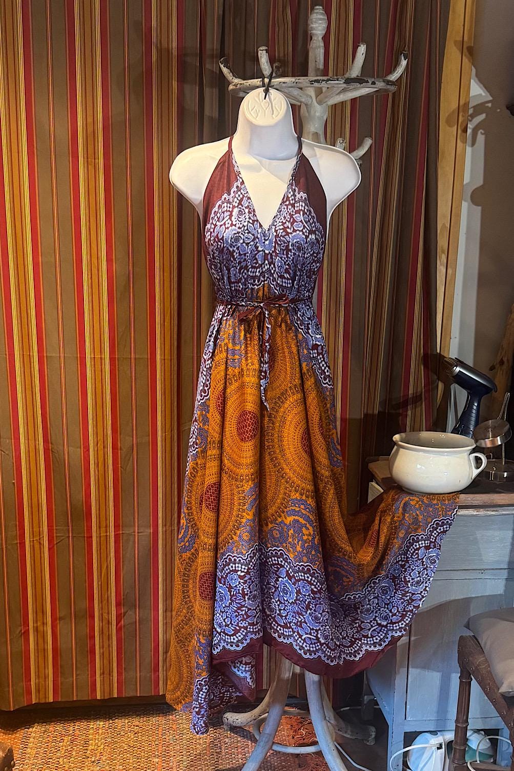 Boho Long printed Dress, Hippie Dress, Open back Dress, Bohemian Festival Ethnic Dress, Boho Dress, Beach Halter Ruffle Boho Gypsy Dress