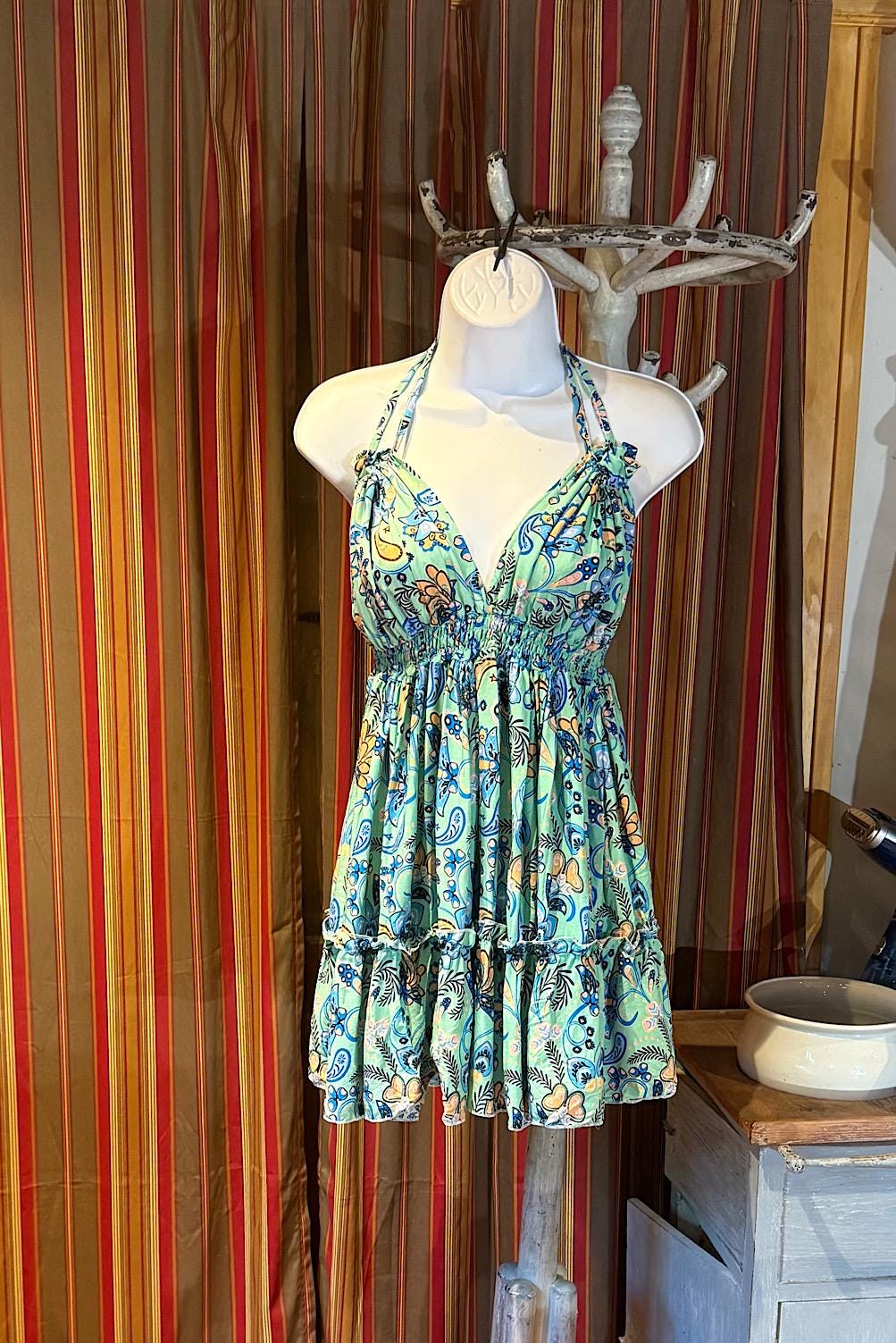 Boho Short Ruffle Dress, Hippie Dress, Open back Dress, Bohemian Festival Ethnic Dress, Boho Dress, Beach Halter Ruffle Boho Gypsy Dress