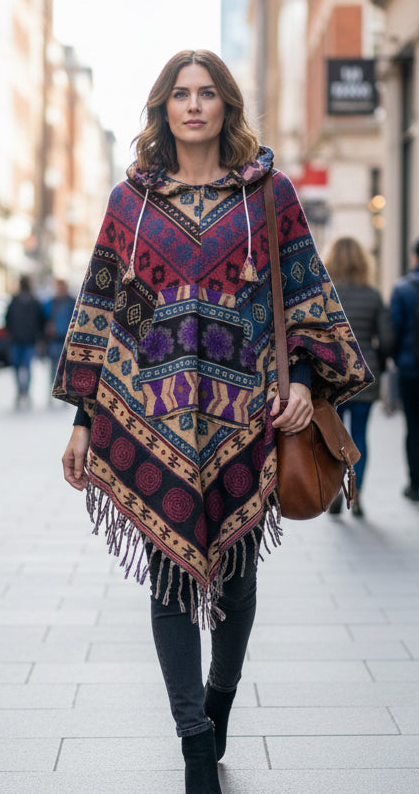 Festival Hooded Poncho: Unisex Boho Woven Wool Blend