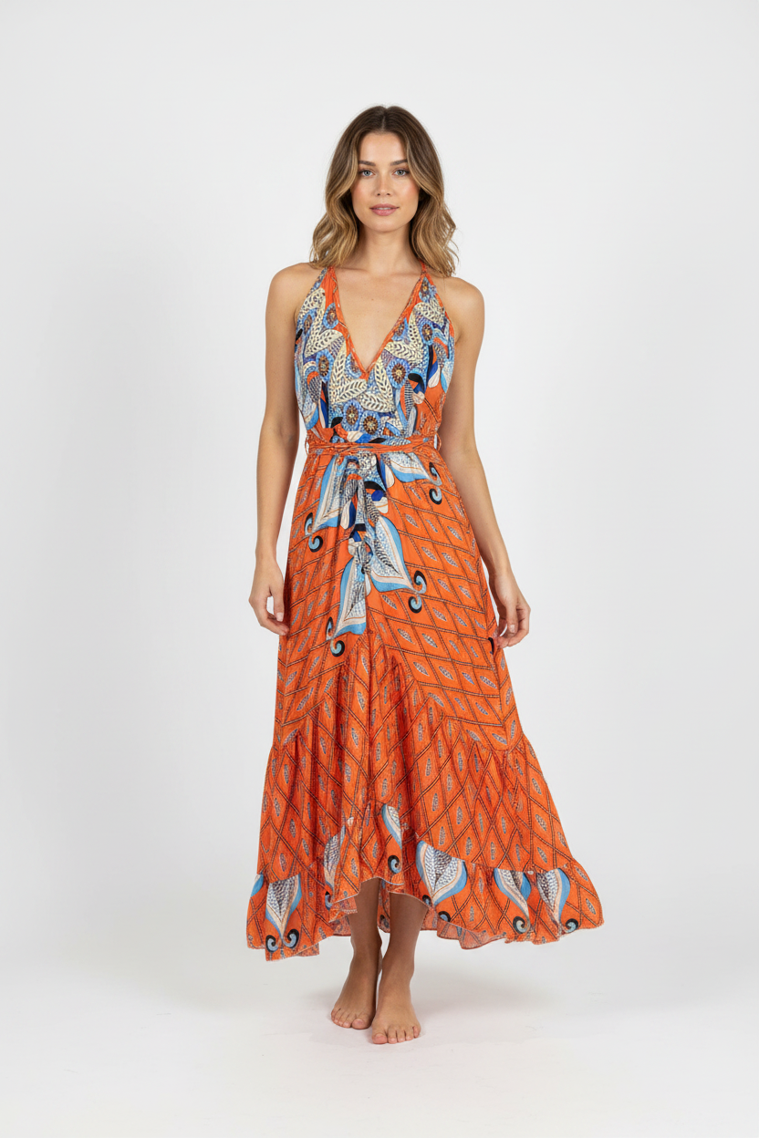 Boho Ruffle Long Dress, Hippie Dress, Open back Dress, Bohemian Festival Ethnic Dress, Boho Chic Dress, Beach Halter Ruffle Gypsy Dress
