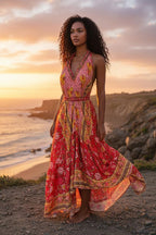Boho Ruffle Long Dress, Hippie Dress, Open back Dress, Bohemian Festival Ethnic Dress, Boho Chic Dress, Beach Halter Ruffle Gypsy Dress