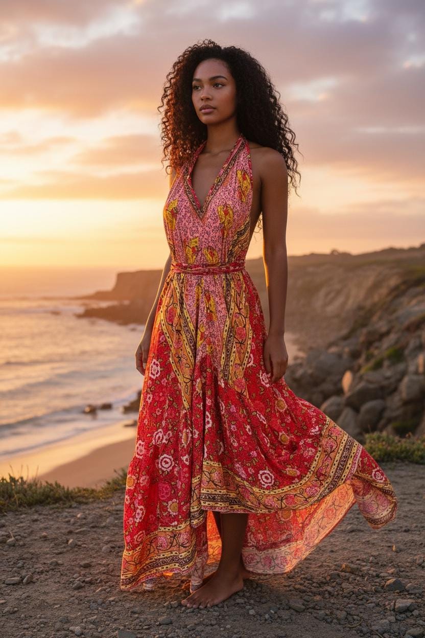 Boho Ruffle Long Dress, Hippie Dress, Open back Dress, Bohemian Festival Ethnic Dress, Boho Chic Dress, Beach Halter Ruffle Gypsy Dress