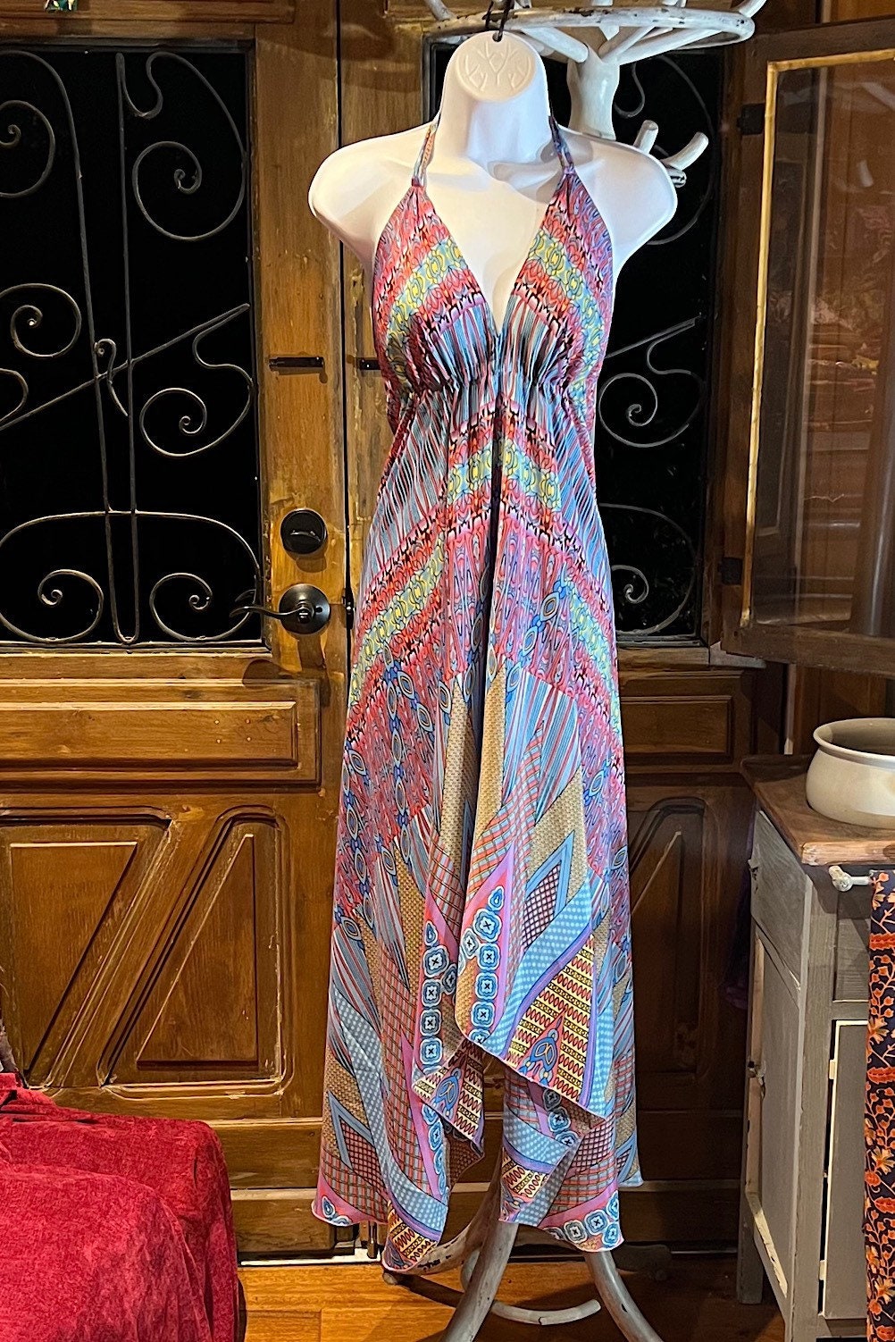 Boho Silky Dress, Bohemian Halter, Dress Ethnic Beach Dress, Festival Dress, Hippie Dress, Vintage Silk style Dress, Boho Chic Gypsy Dress