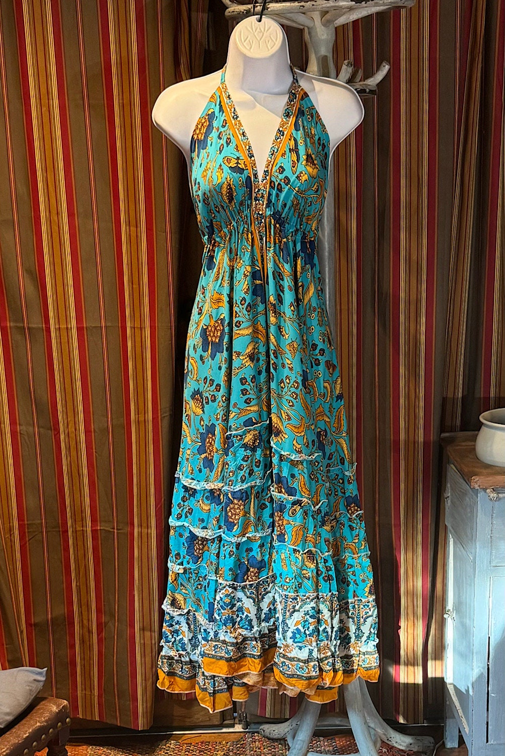Boho Long Ruffle Dress, Hippie Dress, Open back Dress, Bohemian Festival Ethnic Dress, Boho Dress, Beach Halter Ruffle Boho Gypsy Dress