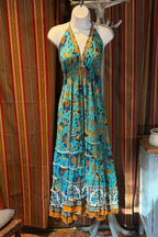 Boho Long Ruffle Dress, Hippie Dress, Open back Dress, Bohemian Festival Ethnic Dress, Boho Dress, Beach Halter Ruffle Boho Gypsy Dress