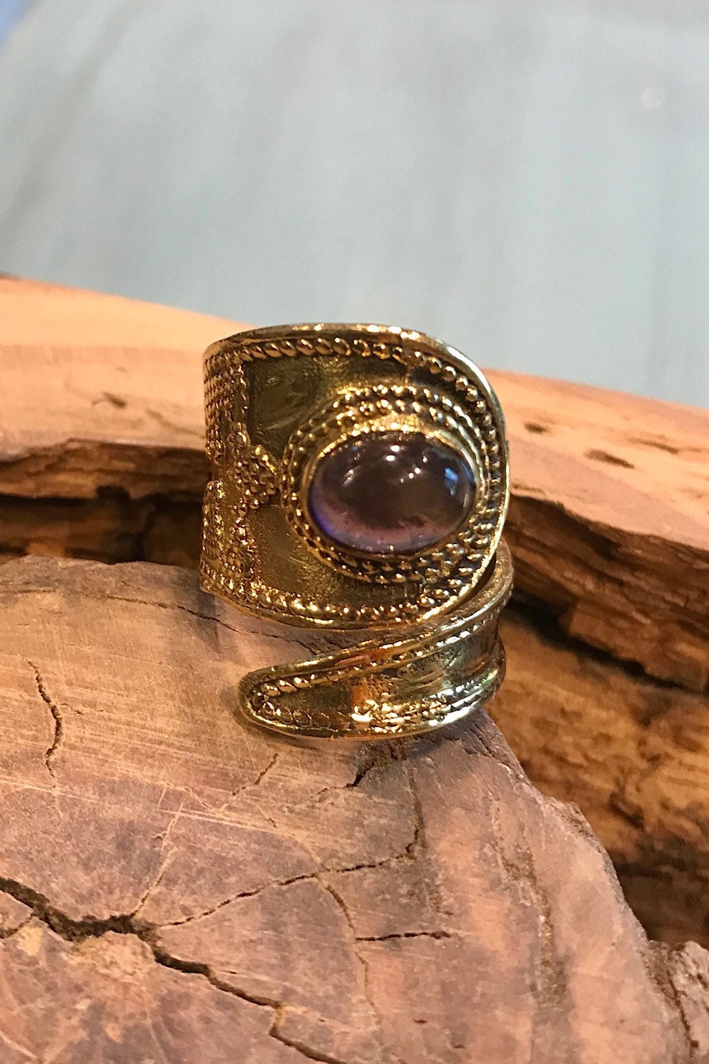 Purple Amethyst Gemstone Ring, Brass Ring, Adjustable Boho Ring, Tribal Jewelry, Gypsy Rings, Crystal Stone Ring, Statement Spiritual Ring
