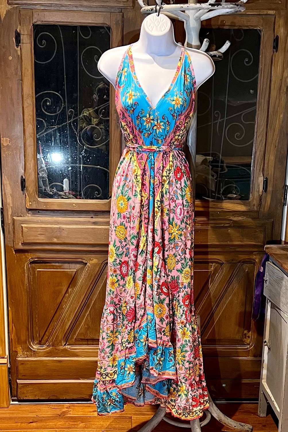 Boho Ruffle Long Dress, Hippie Dress, Open back Dress, Bohemian Festival Ethnic Dress, Boho Chic Dress, Beach Halter Ruffle Gypsy Dress