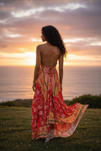 Boho Ruffle Long Dress, Hippie Dress, Open back Dress, Bohemian Festival Ethnic Dress, Boho Chic Dress, Beach Halter Ruffle Gypsy Dress