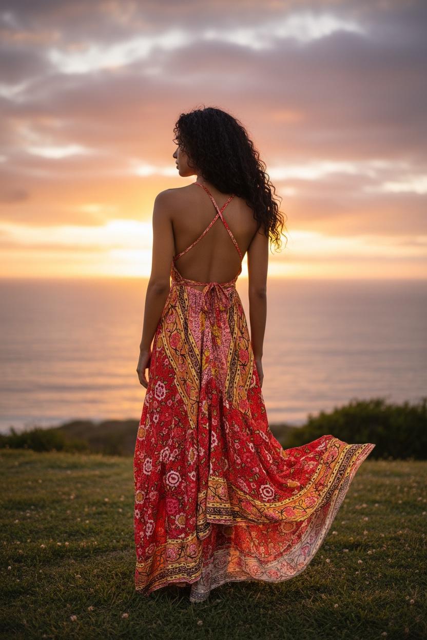 Boho Ruffle Long Dress, Hippie Dress, Open back Dress, Bohemian Festival Ethnic Dress, Boho Chic Dress, Beach Halter Ruffle Gypsy Dress