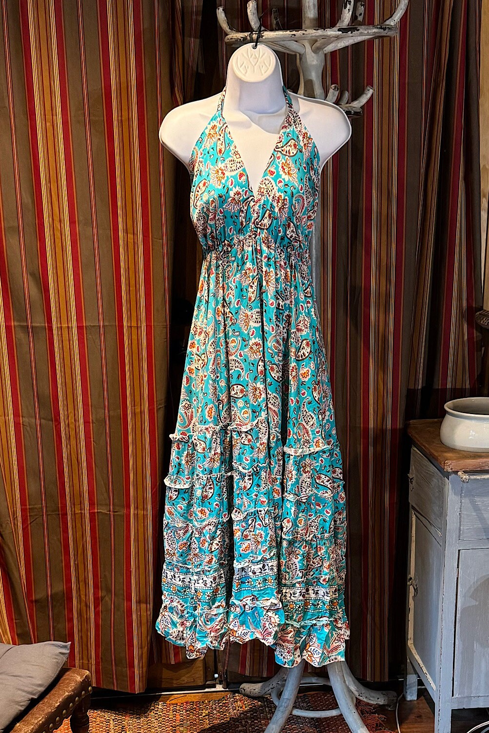 Boho Long Ruffle Dress, Hippie Dress, Open back Dress, Bohemian Festival Ethnic Dress, Boho Dress, Beach Halter Ruffle Boho Gypsy Dress