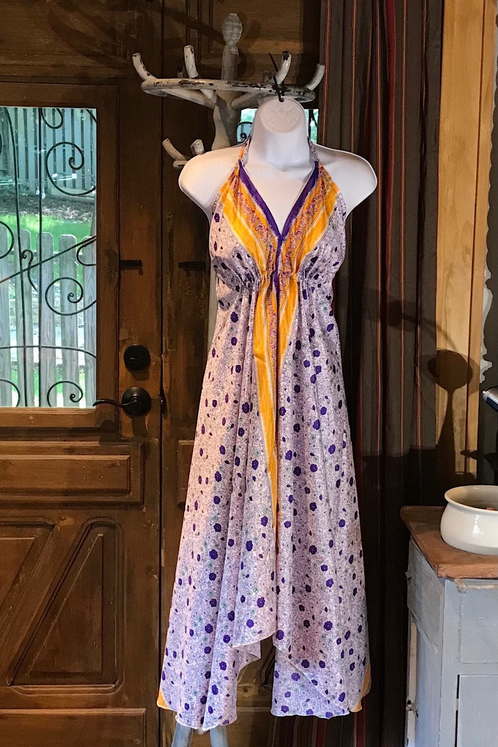 Boho Silk Dress, Bohemian Halter, Dress Ethnic Beach Dress, Festival Dress, Hippie Dress, Vintage Recycled Silk Dress, Boho Chic Gypsy Dress