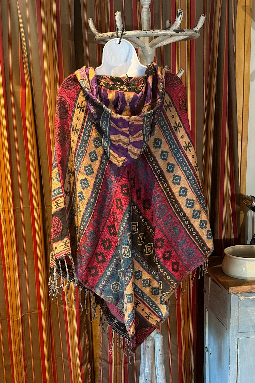 Festival Hooded Poncho: Unisex Boho Woven Wool Blend