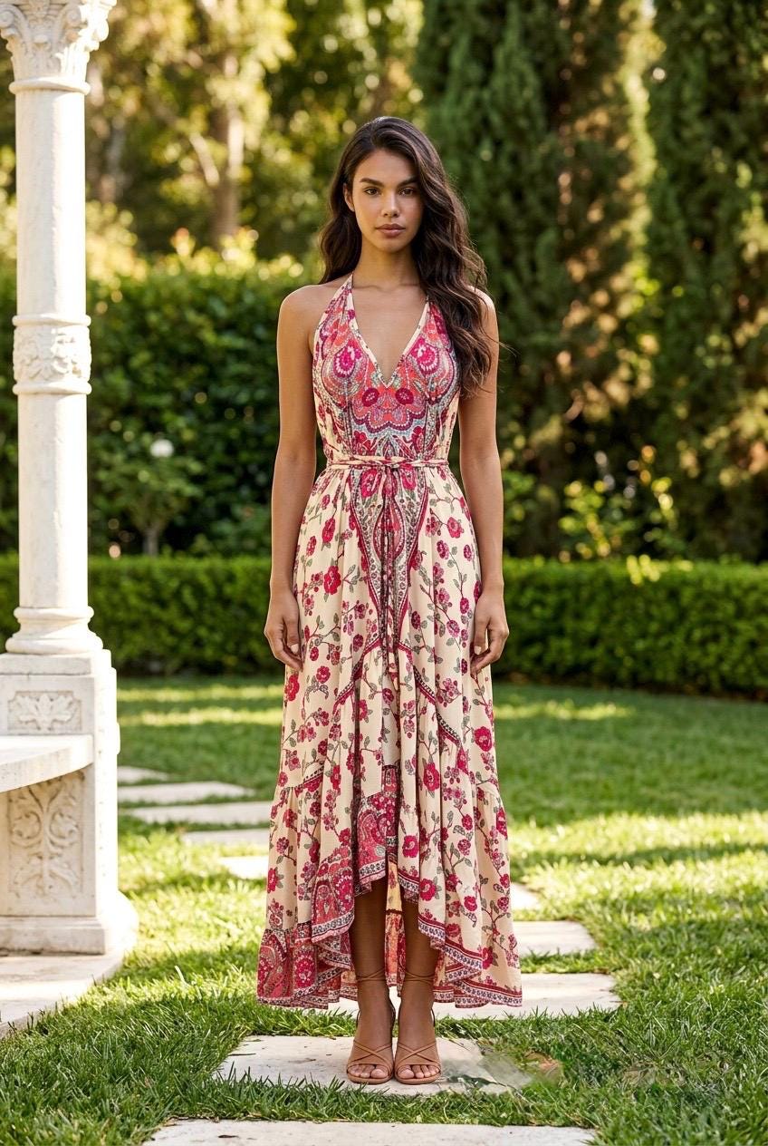 Boho Ruffle Long Dress, Hippie Dress, Open back Dress, Bohemian Festival Ethnic Dress, Boho Chic Dress, Beach Halter Ruffle Gypsy Dress