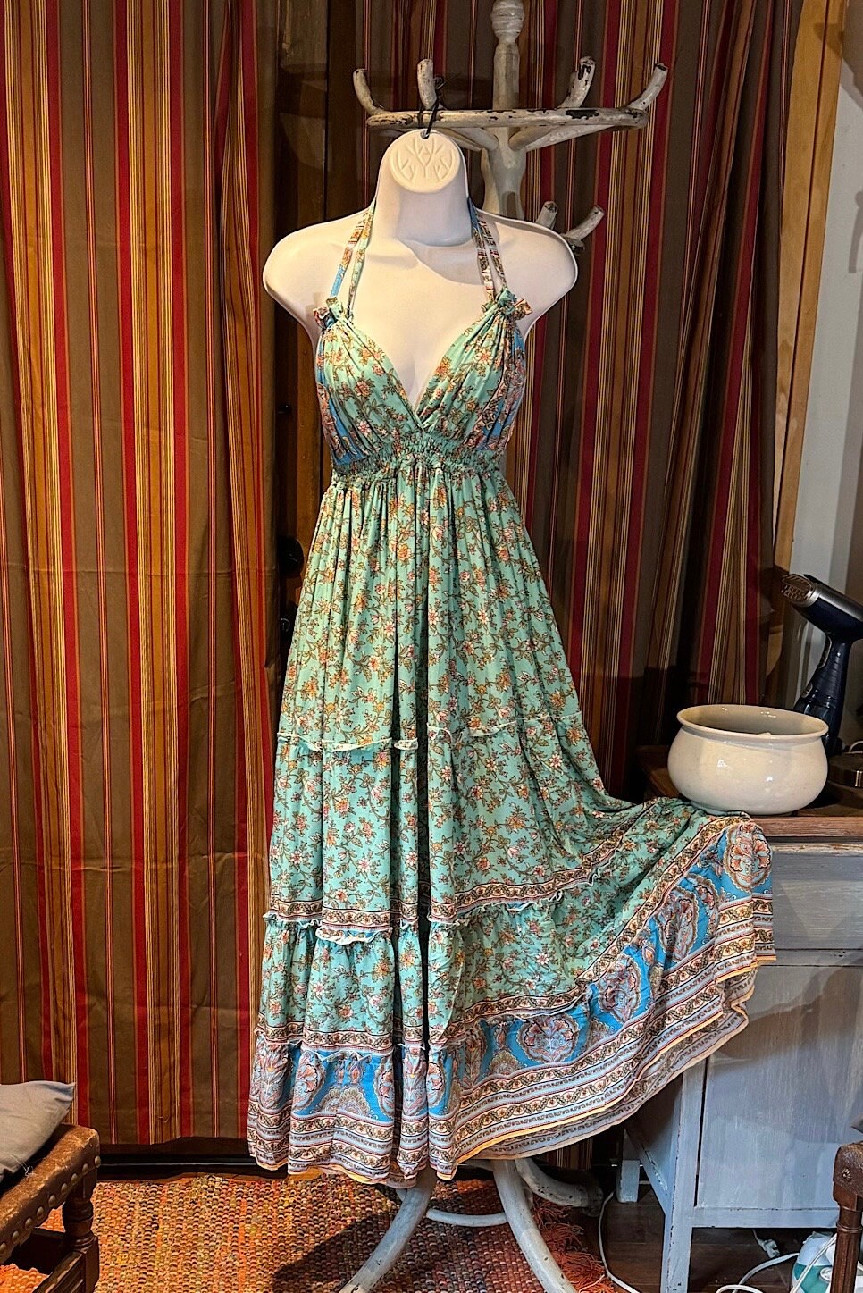 Boho Long Ruffle Dress, Hippie Dress, Open back Dress, Bohemian Festival Ethnic Dress, Boho Dress, Beach Halter Ruffle Boho Gypsy Dress