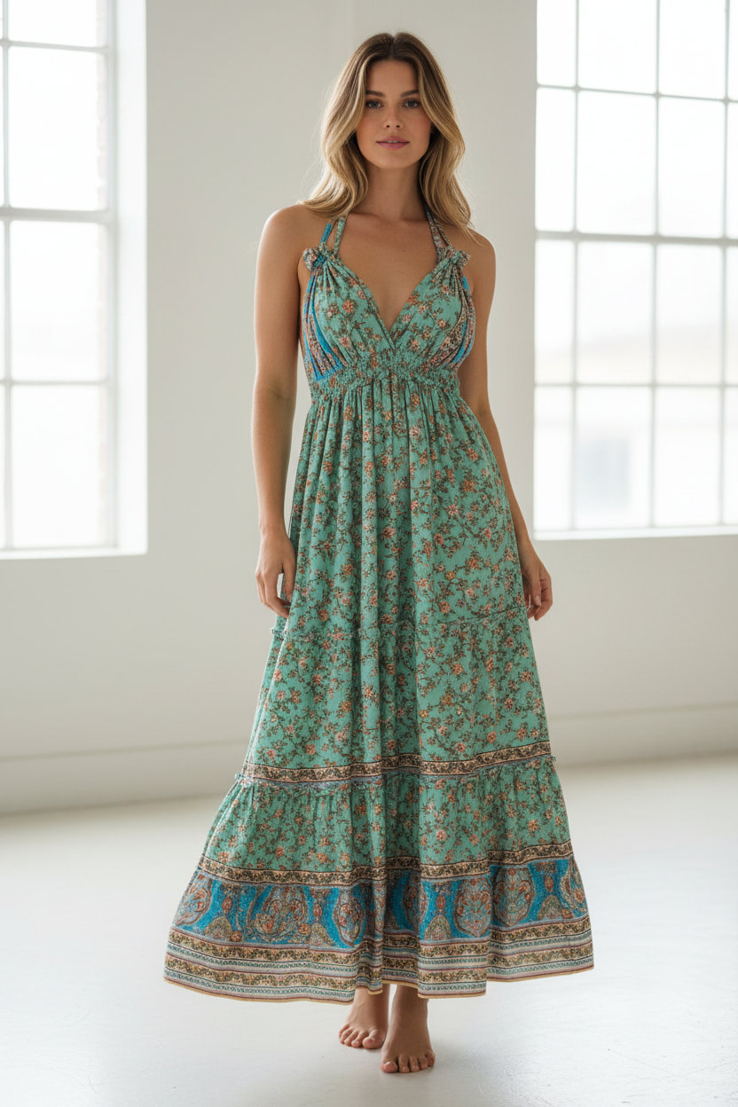 Boho Long Ruffle Dress, Hippie Dress, Open back Dress, Bohemian Festival Ethnic Dress, Boho Dress, Beach Halter Ruffle Boho Gypsy Dress