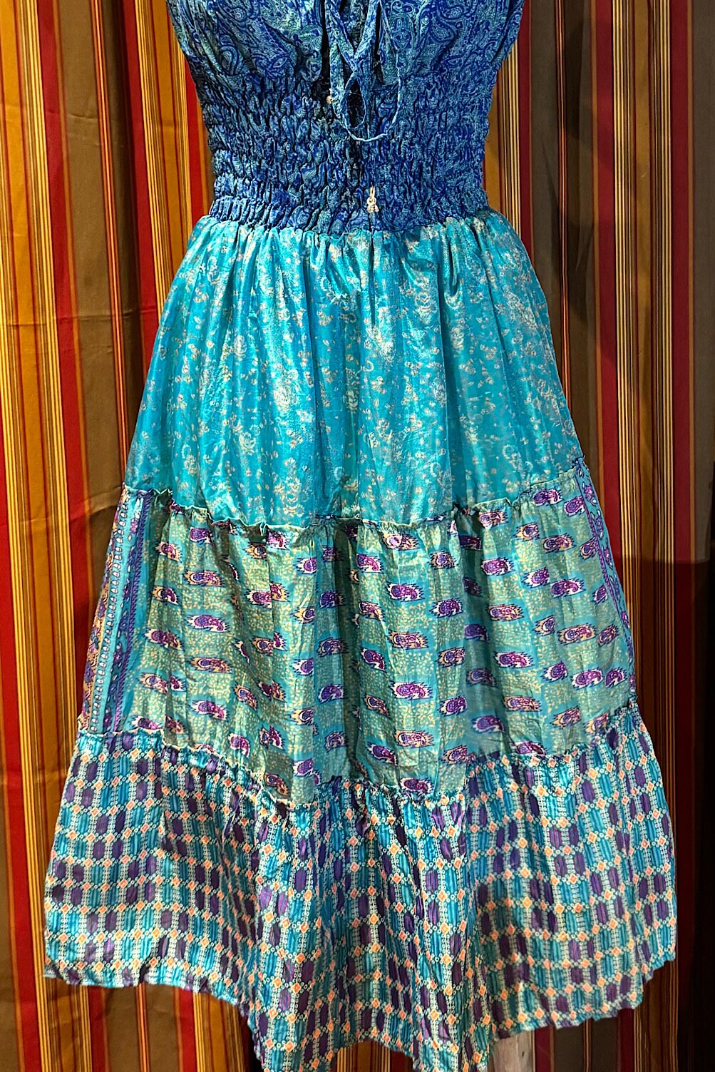 Boho Silk Dress, Vintage Ruffle Short Dress, Hippie Bohemian Dress, Gypsy Boho Dress Festival Dress, Recycled Ethnic Patch work Sari Dress