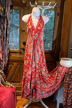 Red Rayon Boho Dress: Halter Ruffle Bohemian Maxi