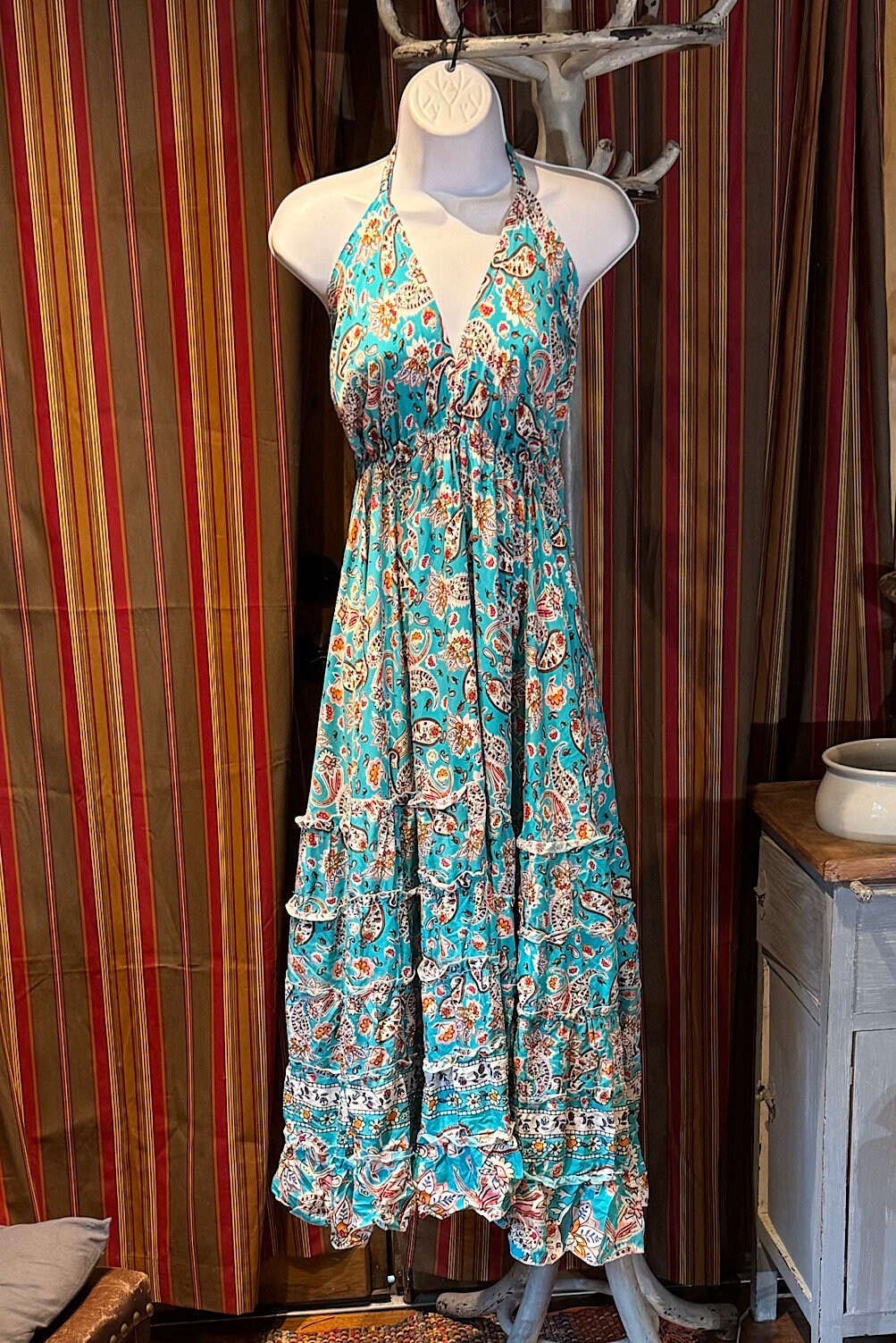 Boho Long Ruffle Dress, Hippie Dress, Open back Dress, Bohemian Festival Ethnic Dress, Boho Dress, Beach Halter Ruffle Boho Gypsy Dress