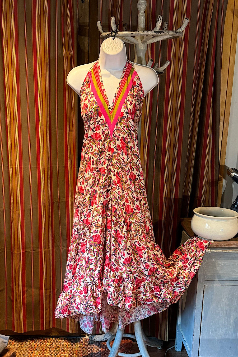 Boho Ruffle Long Dress, Hippie Dress, Open back Dress, Bohemian Festival Ethnic Dress, Boho Chic Dress, Beach Halter Ruffle Gypsy Dress