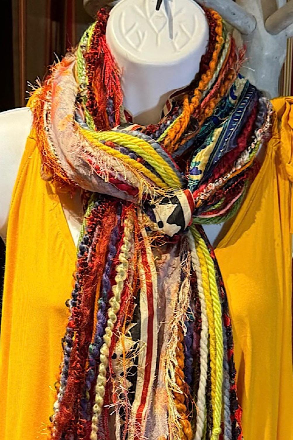Boho Fringe Festival Long Scarf, gift for her, Yarn Ribbon Scarf,Bohemian Recycled Vintage Silk Sari Yarns Ribbons, Hippie Fringe Scarf