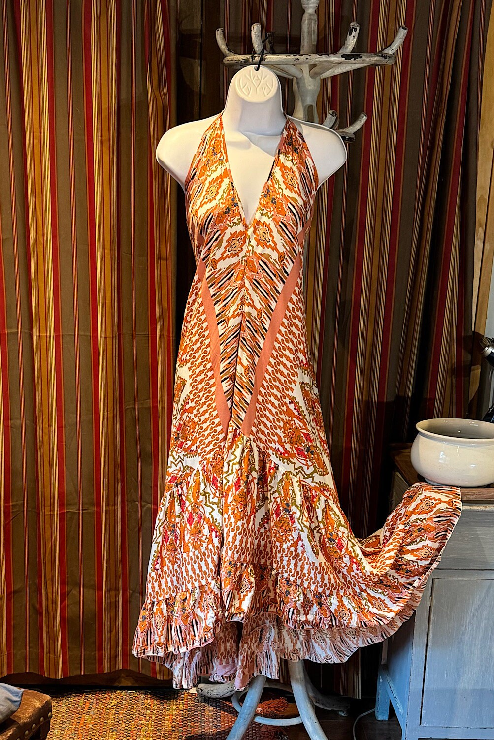 Boho Ruffle Long Dress, Hippie Dress, Open back Dress, Bohemian Festival Ethnic Dress, Boho Chic Dress, Beach Halter Ruffle Gypsy Dress