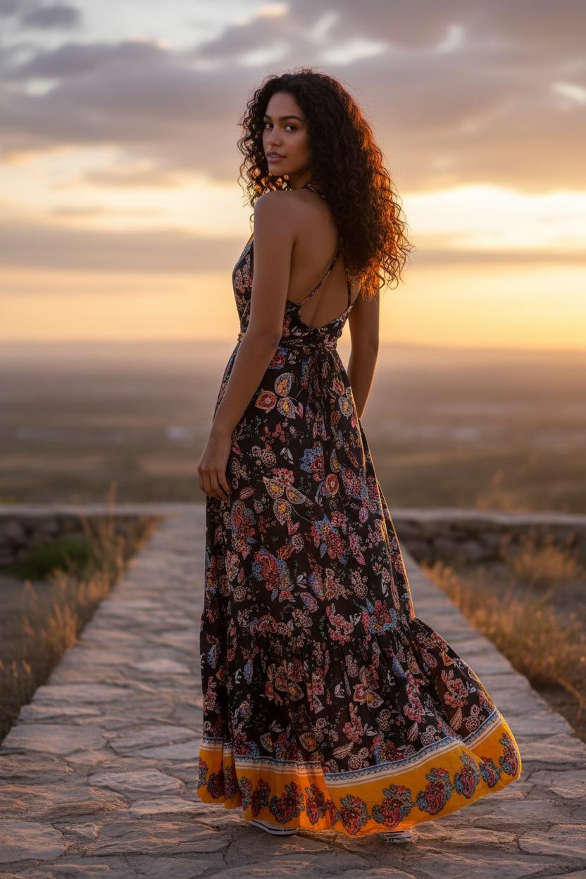 Boho Halter Maxi Dress: Ruffle Rayon Bohemian Festival Dress