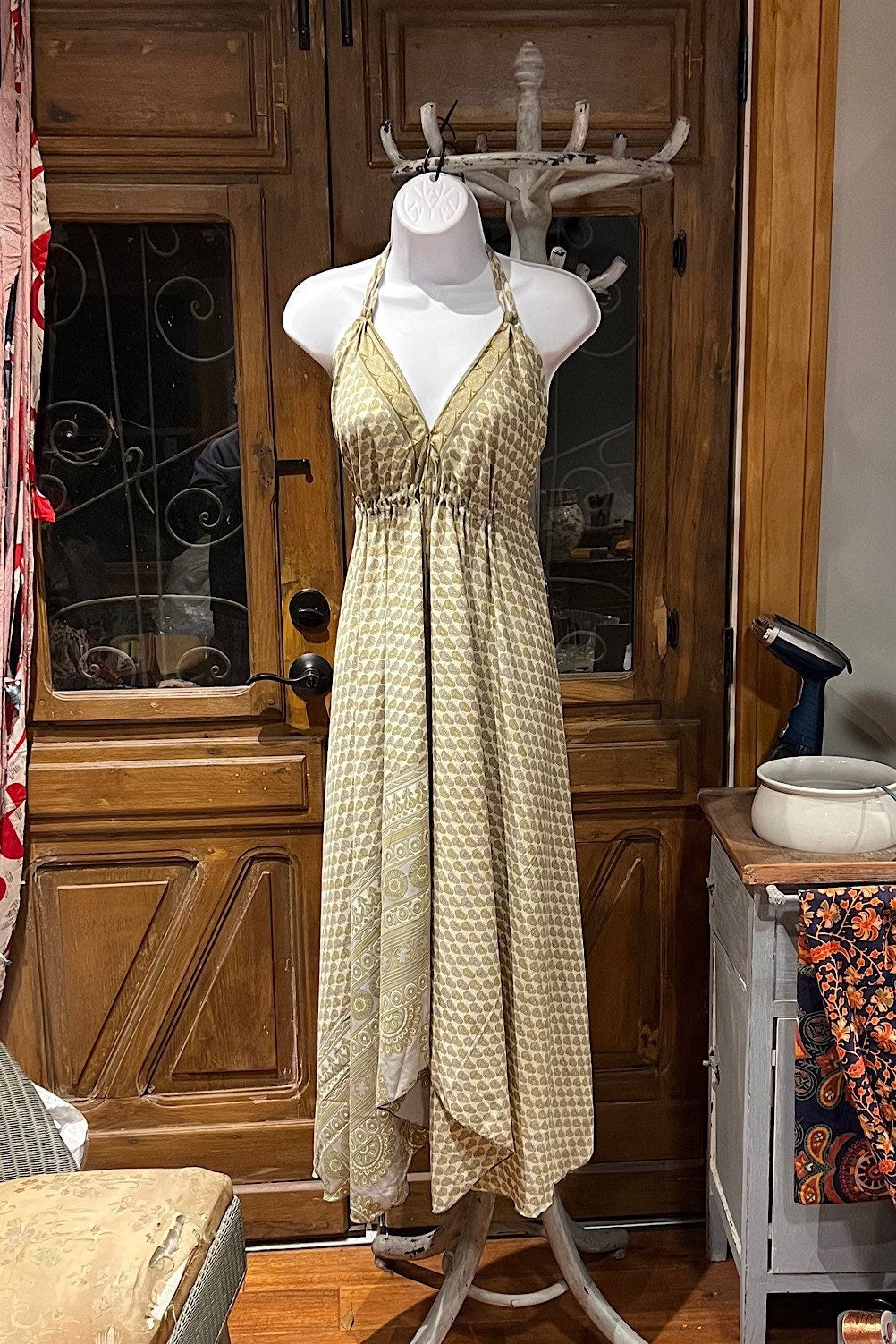 Boho Silk Dress, Bohemian Halter, Dress Ethnic Beach Dress, Festival Dress, Hippie Dress, Vintage Recycled Silk Dress, Boho Chic Gypsy Dress