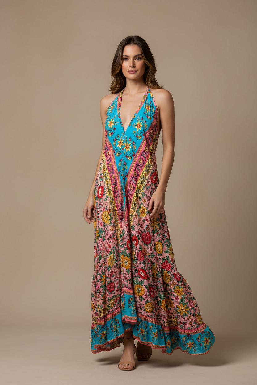 Boho Ruffle Long Dress, Hippie Dress, Open back Dress, Bohemian Festival Ethnic Dress, Boho Chic Dress, Beach Halter Ruffle Gypsy Dress
