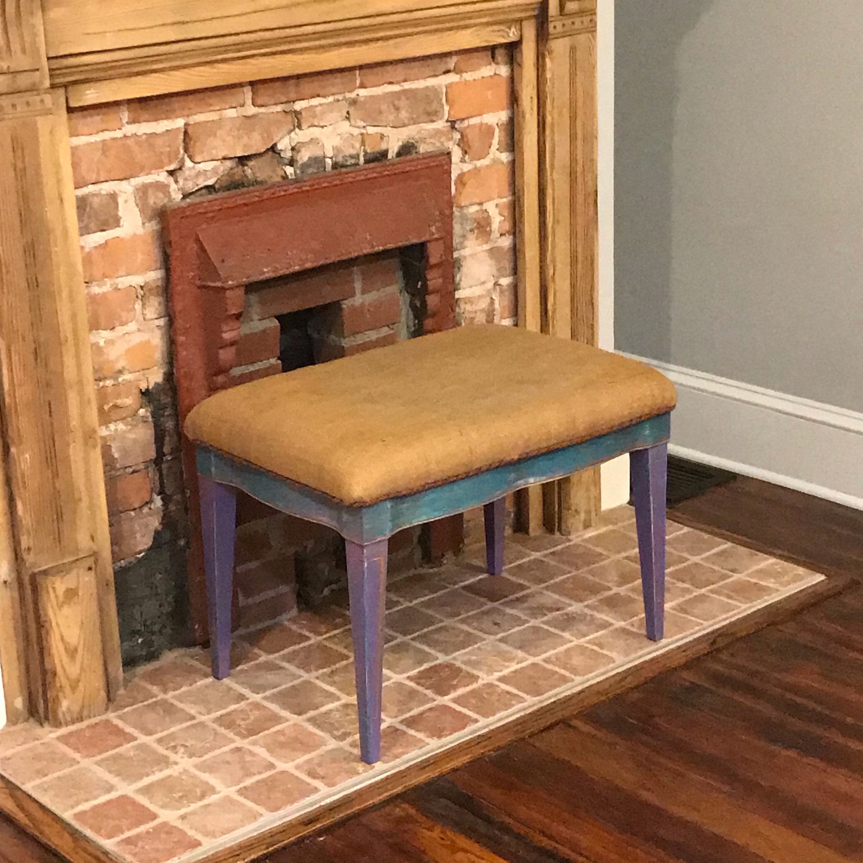 Vintage Vanity Rustic Bench, Hand painted Antique Bench, old Mid Century Farm house chalk painted bench, Burlap Upholstered vintage stool