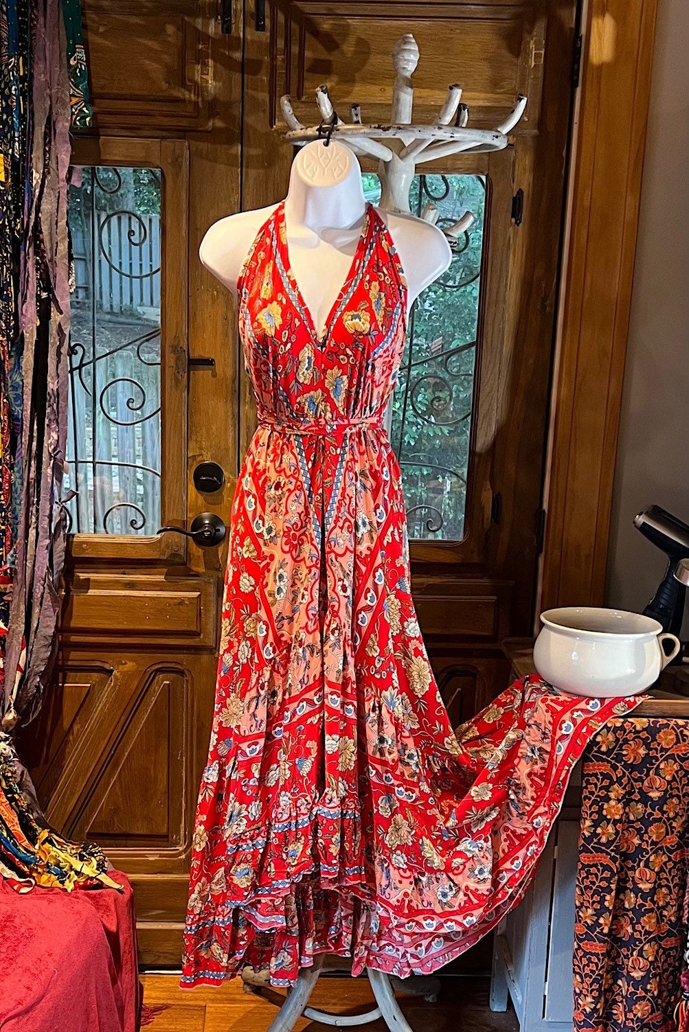 Red Rayon Boho Dress: Halter Ruffle Bohemian Maxi