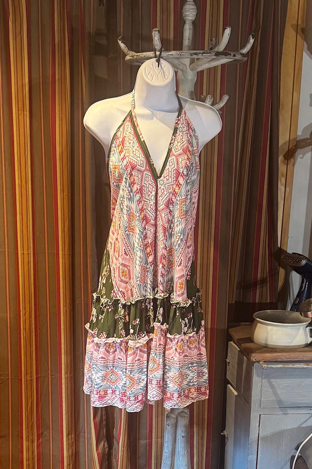 Boho Ruffle Dress, Hippie Dress, Open back Dress, Bohemian Festival Ethnic Dress, Boho Dress, Beach Halter Ruffle Dress Gypsy Boho Dress