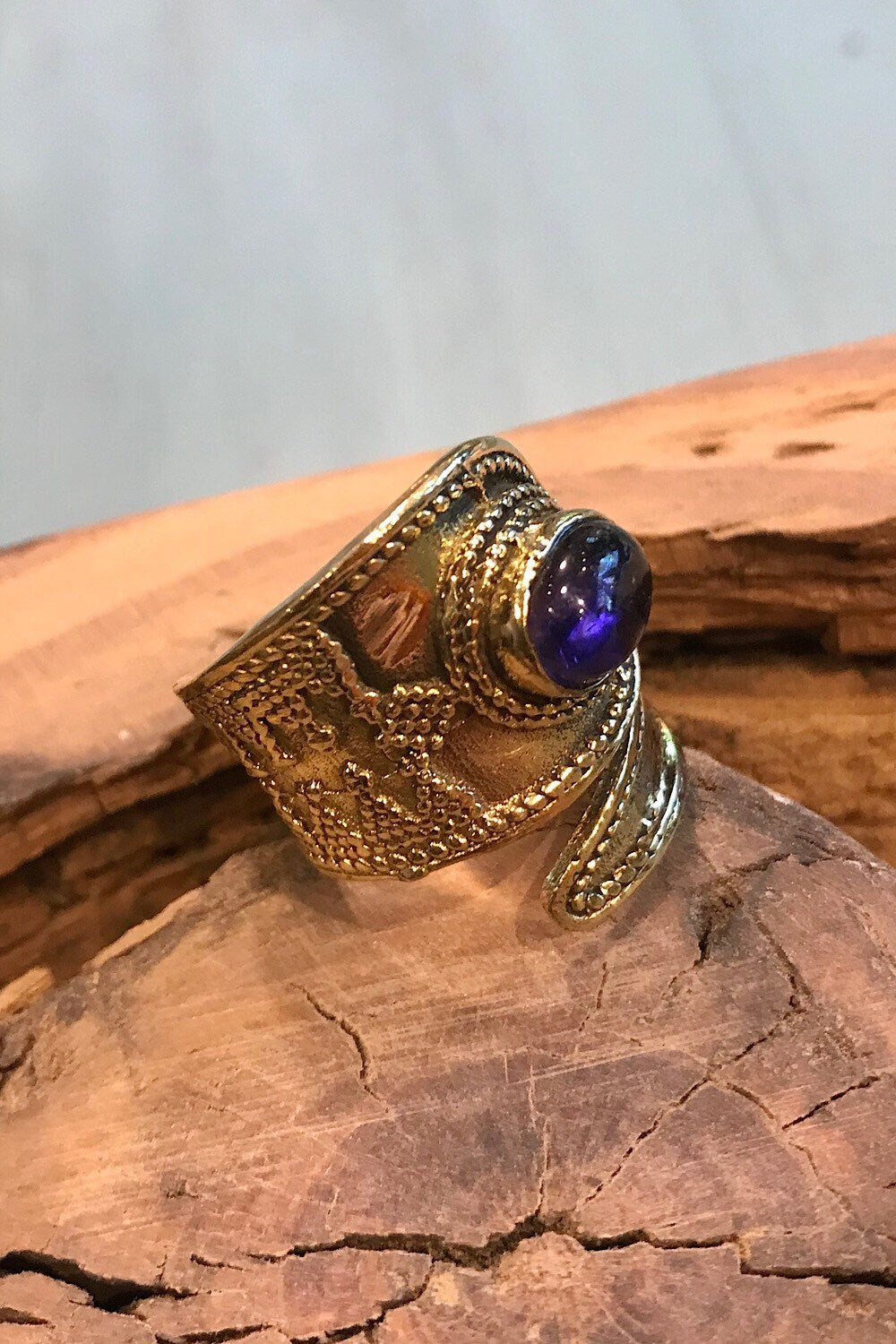 Purple Amethyst Gemstone Ring, Brass Ring, Adjustable Boho Ring, Tribal Jewelry, Gypsy Rings, Crystal Stone Ring, Statement Spiritual Ring