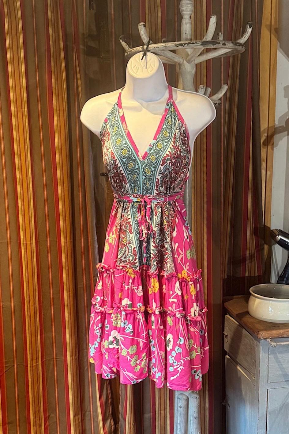 Boho Ruffle Dress, Hippie Dress, Open back Dress, Bohemian Festival Ethnic Dress, Boho Dress, Beach Halter Ruffle Dress Gypsy Boho Dress