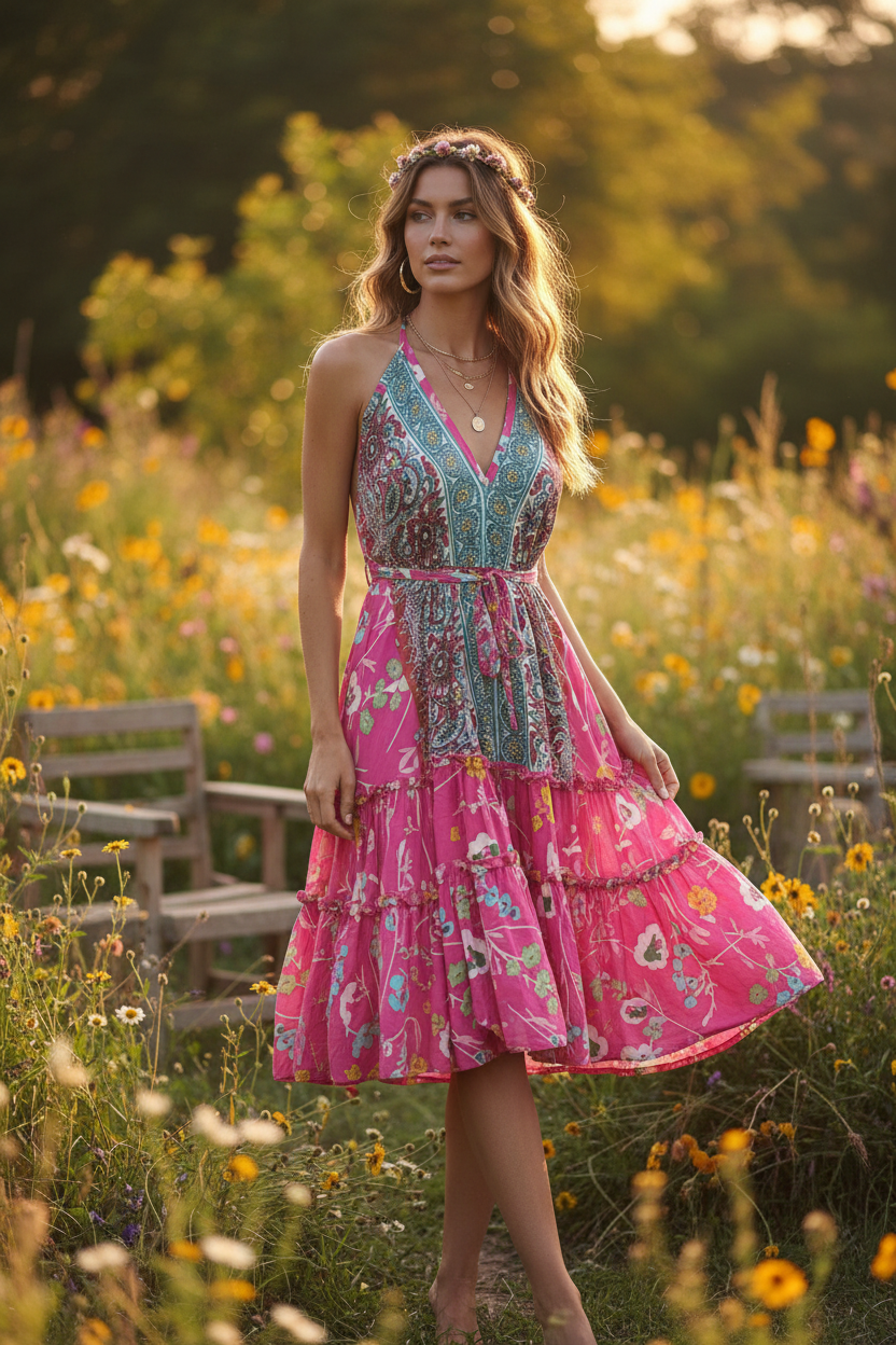 Boho Ruffle Dress, Hippie Dress, Open back Dress, Bohemian Festival Ethnic Dress, Boho Dress, Beach Halter Ruffle Dress Gypsy Boho Dress