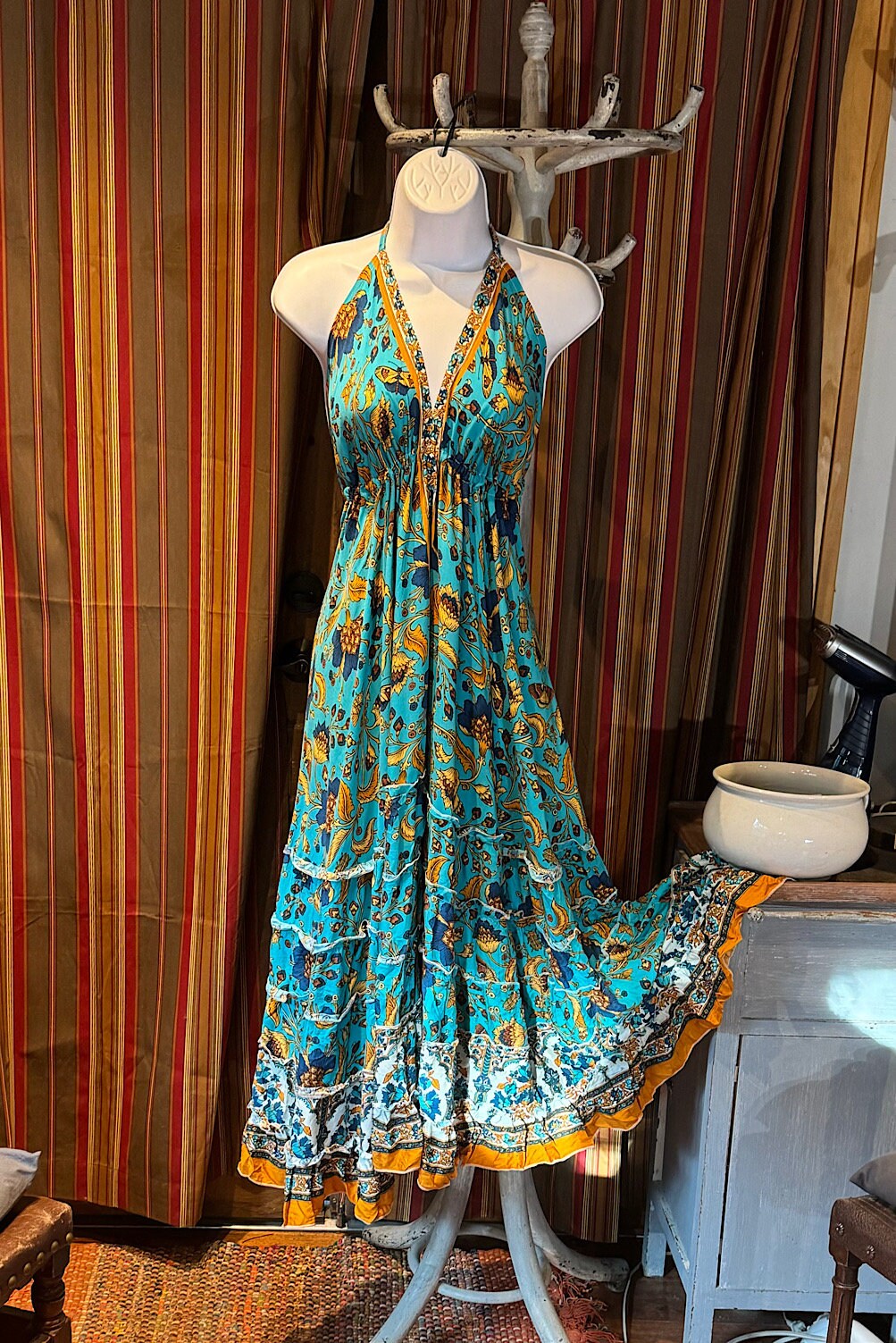 Boho Long Ruffle Dress, Hippie Dress, Open back Dress, Bohemian Festival Ethnic Dress, Boho Dress, Beach Halter Ruffle Boho Gypsy Dress