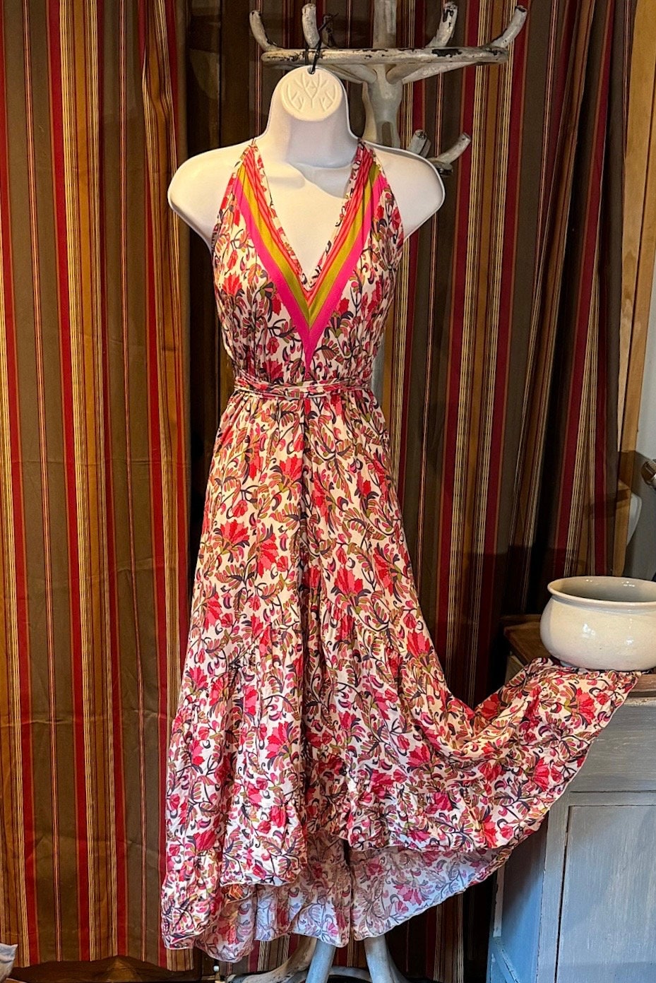 Boho Ruffle Long Dress, Hippie Dress, Open back Dress, Bohemian Festival Ethnic Dress, Boho Chic Dress, Beach Halter Ruffle Gypsy Dress