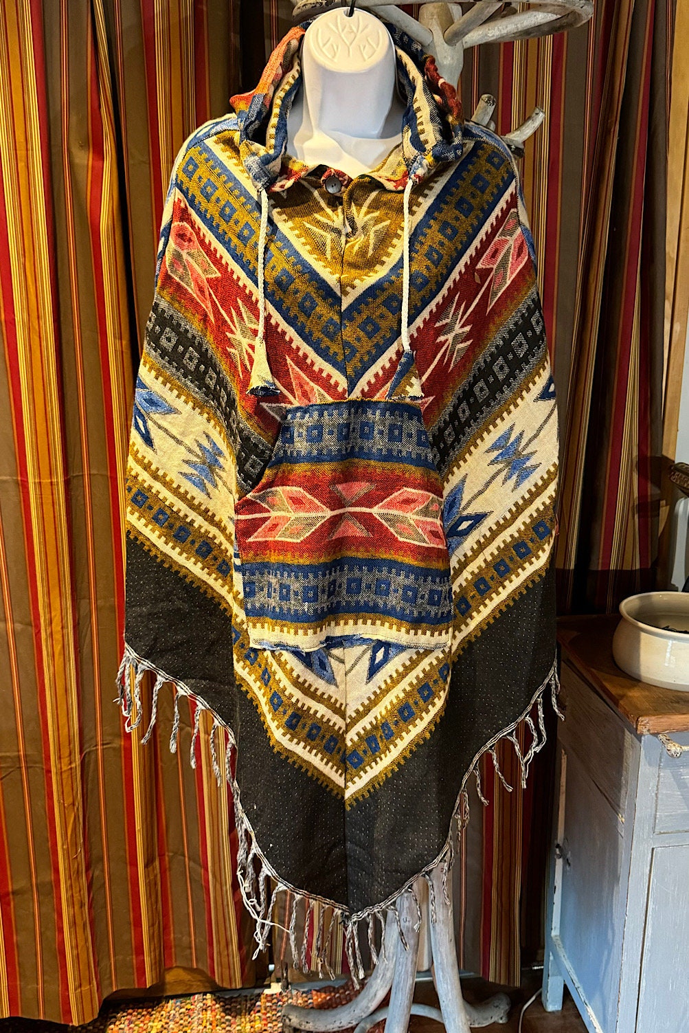 Festival Hooded Poncho: Unisex Boho Woven Wool Blend