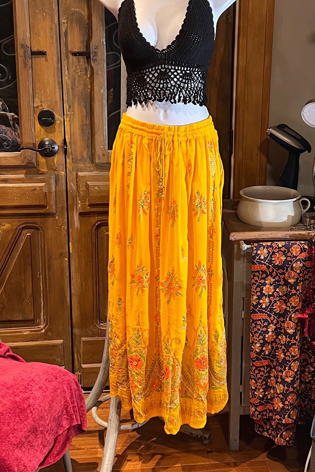 Boho long skirt, Sequined Embroidery Long Maxi Skirt, Bohemian Chic Festival Ethnic Hippie Summer One Size Feminine Long Skirt.