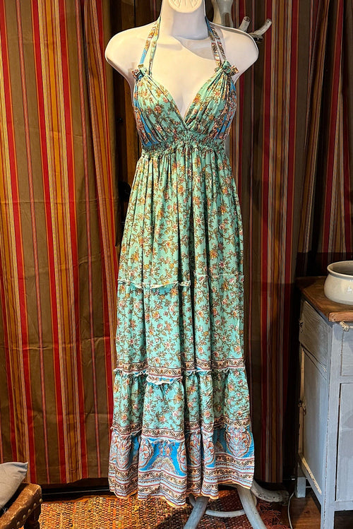 Boho Long Ruffle Dress, Hippie Dress, Open back Dress, Bohemian Festival Ethnic Dress, Boho Dress, Beach Halter Ruffle Boho Gypsy Dress