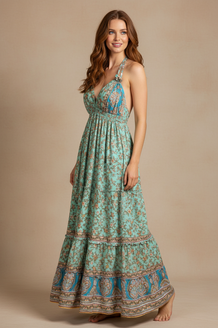 Boho Long Ruffle Dress, Hippie Dress, Open back Dress, Bohemian Festival Ethnic Dress, Boho Dress, Beach Halter Ruffle Boho Gypsy Dress