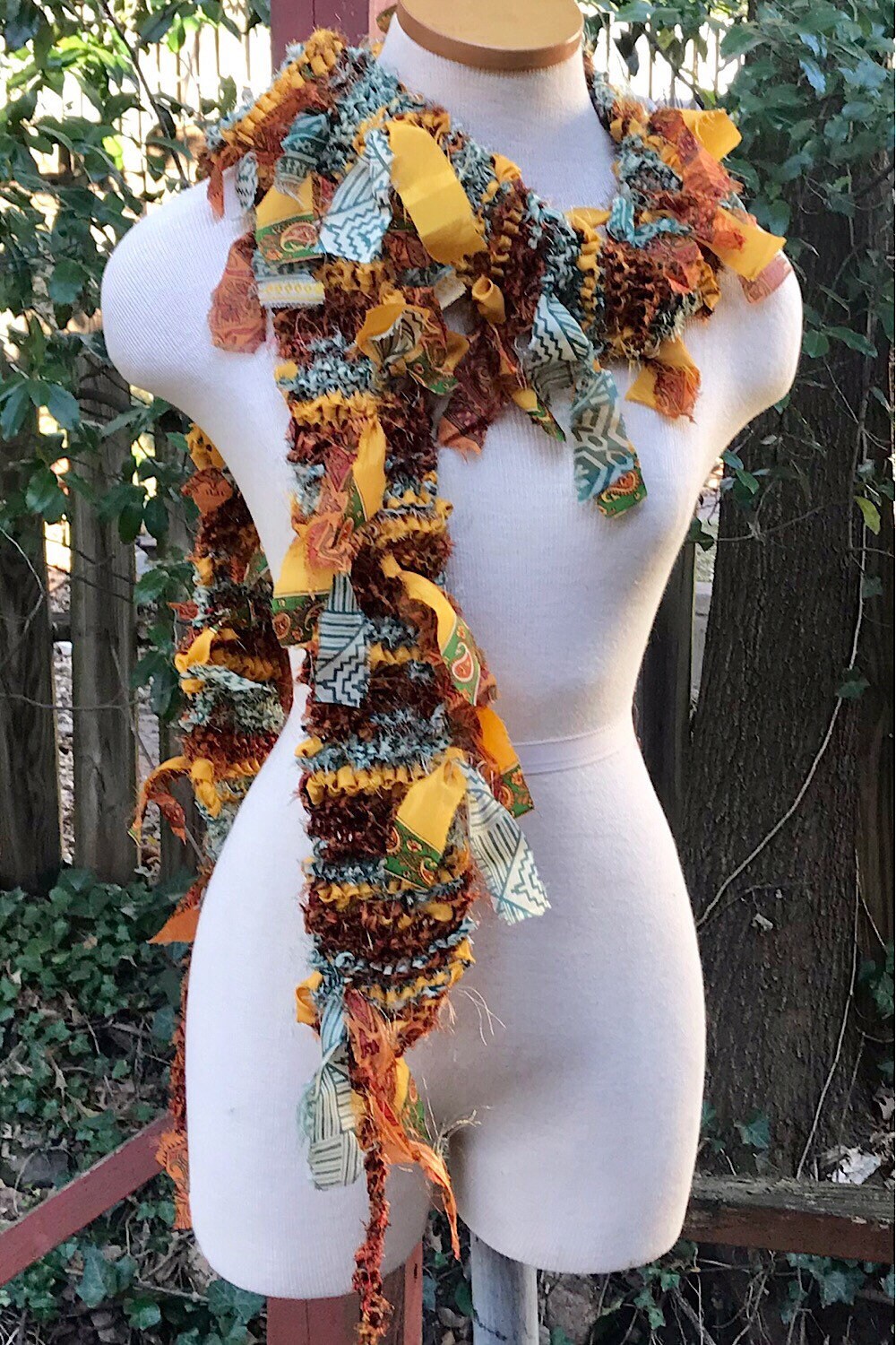 Boho Fringe festival Scarf bohemian silk Recycled vintage silk sari Fabric ribbons, Hippie Hand Knitted Scarf Boho Hippie Clothing